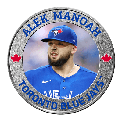 A picture of a 1 oz Toronto Blue Jays Silver Colorized Round- Alek Manoah